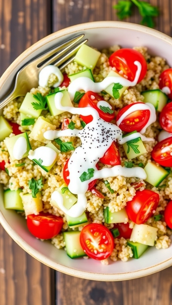 A colorful quinoa yogurt salad with cucumbers, tomatoes, and parsley in a bowl, garnished with yogurt dressing.